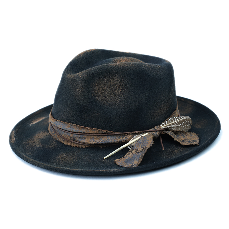 Fedora Hat Wool - Originale dipinto fuoco Retro piuma Decor